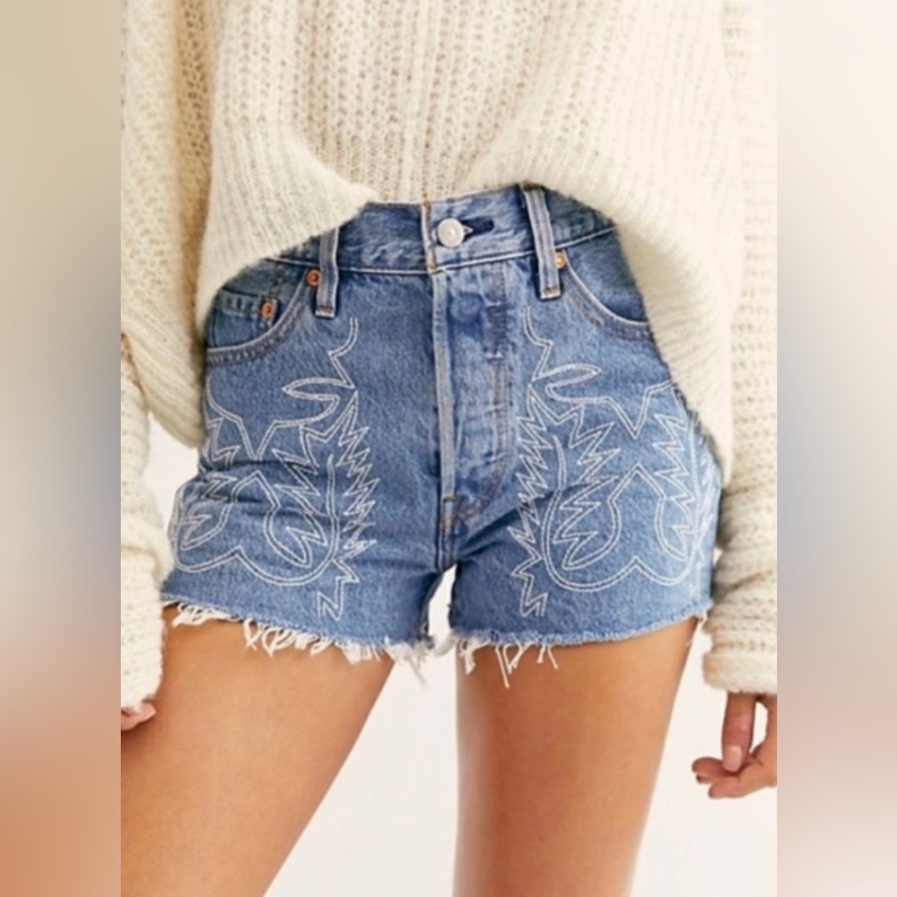 Levi’s 501 Premium Denim Del Norte High Rise Western Embroidered Shorts Size 29